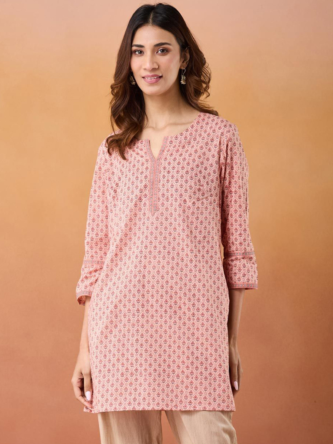 Fabindia Floral Printed Notch Neck Hand Block Cotton Straight Kurta
