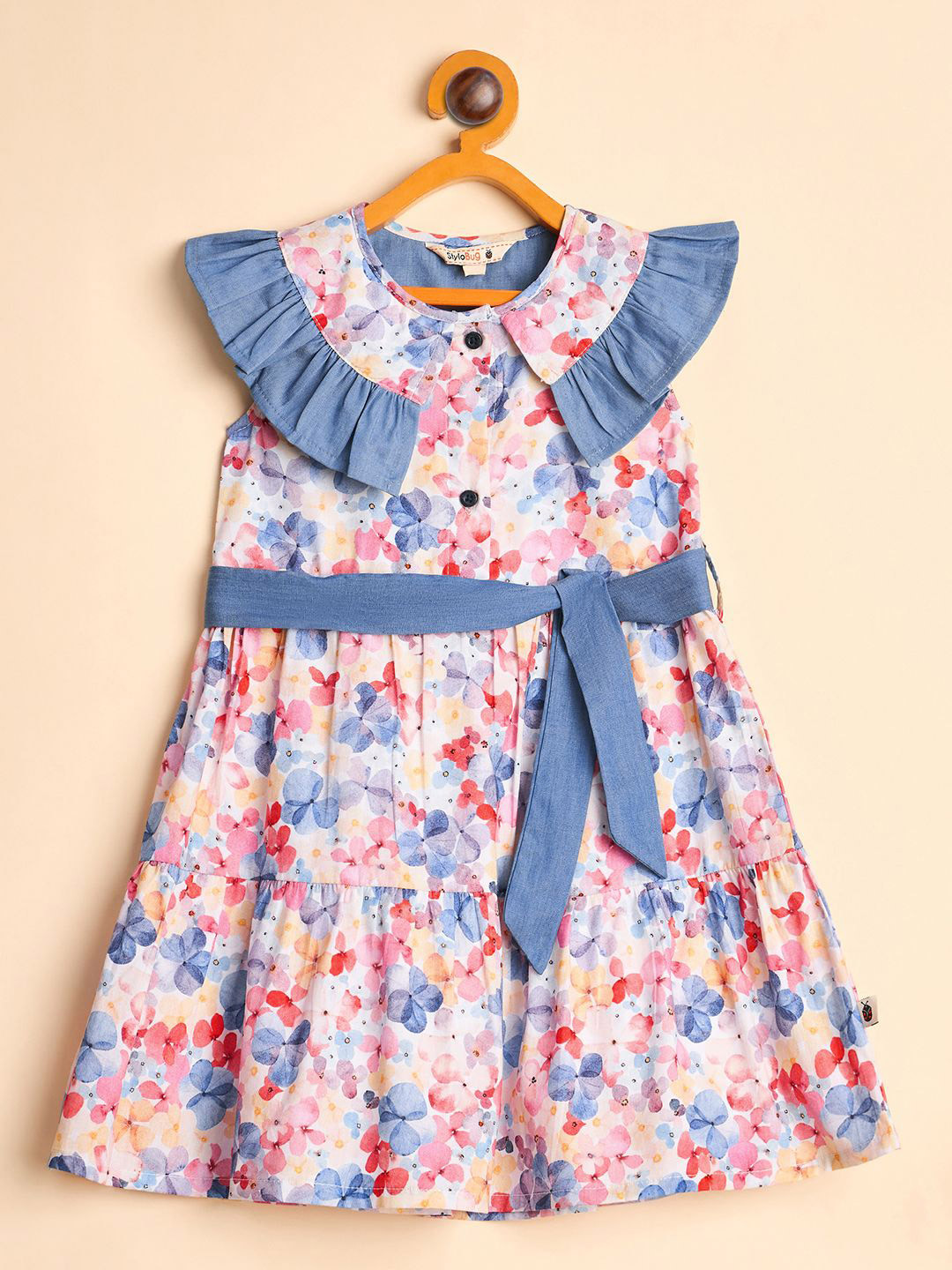Stylo Bug Girls Floral Printed Pure Cotton Tiered A-Line Dress Comes with a belt