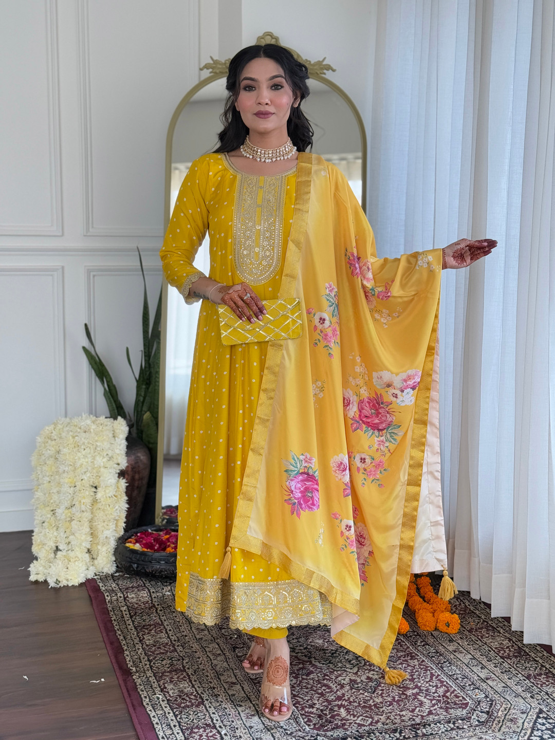KALINI Bandhani Printed Thread Work A-Line Kurta With Trousers And Dupatta