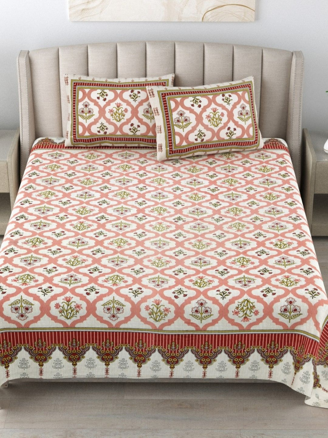 JAIPUR FABRIC Jungle White Floral Cotton 180 TC King Fine Bedsheet with 2 Pillow Covers-108 x 90 inches