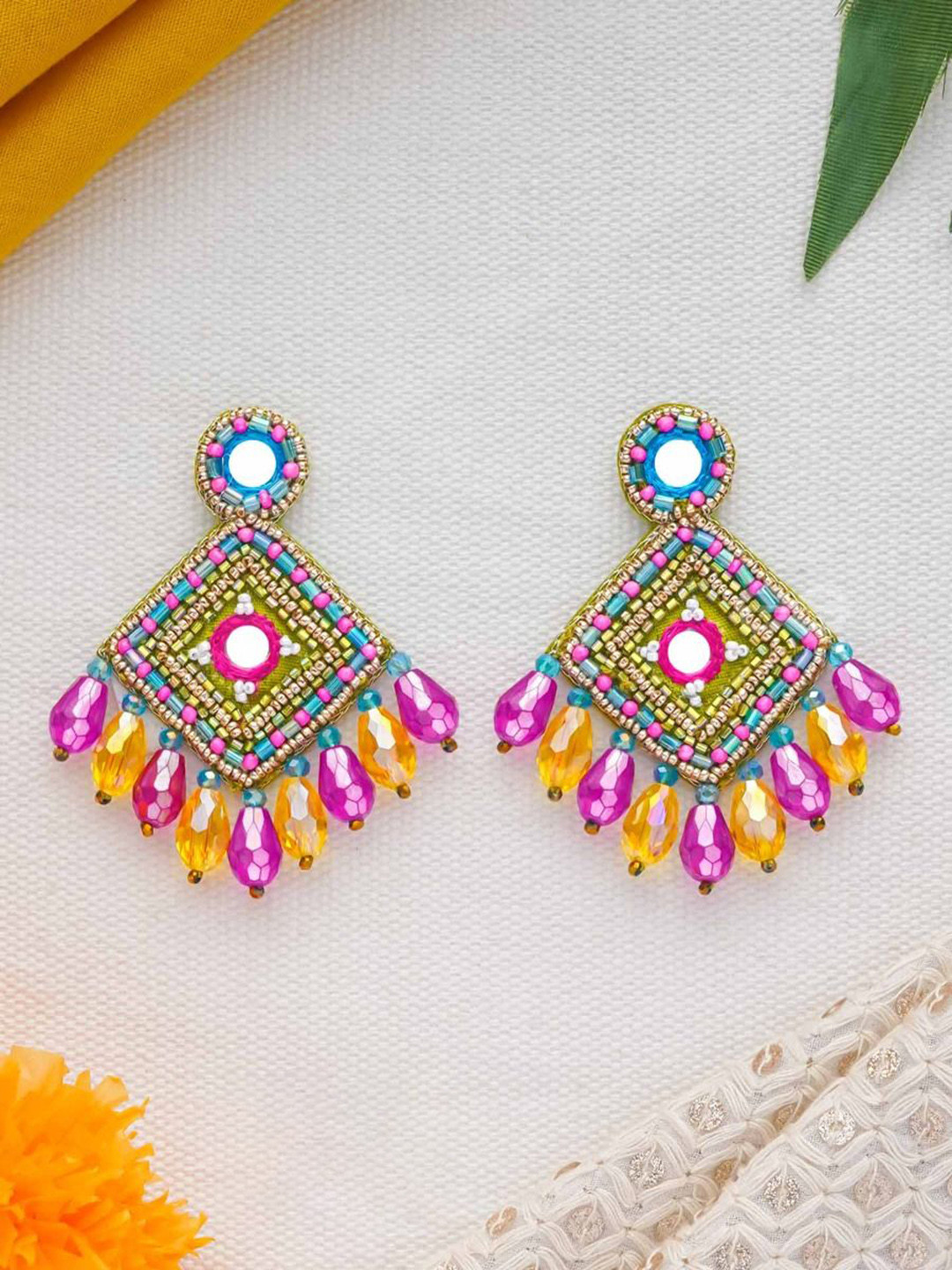 EVERSTYLISH Sanjoya Mirror, Beads & Cut Dana Embroidered Earrings