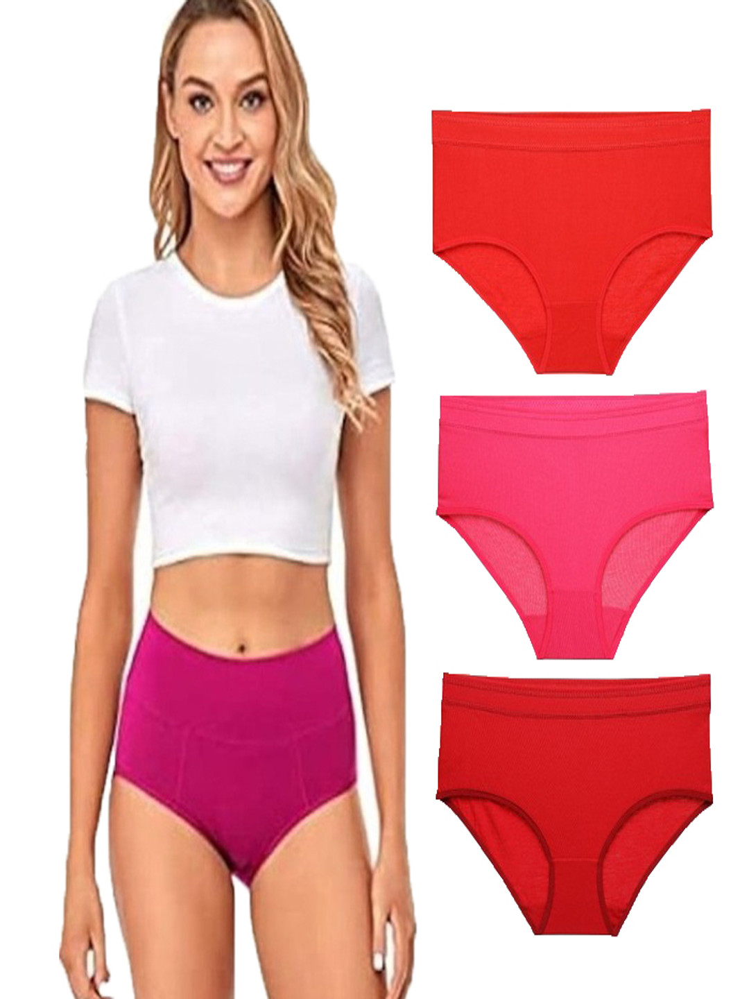 YOU FOREVER Women Pack Of 3 High-Rise Hipster Briefs - YF-3HWPNT-RED-PNK-MRN-L
