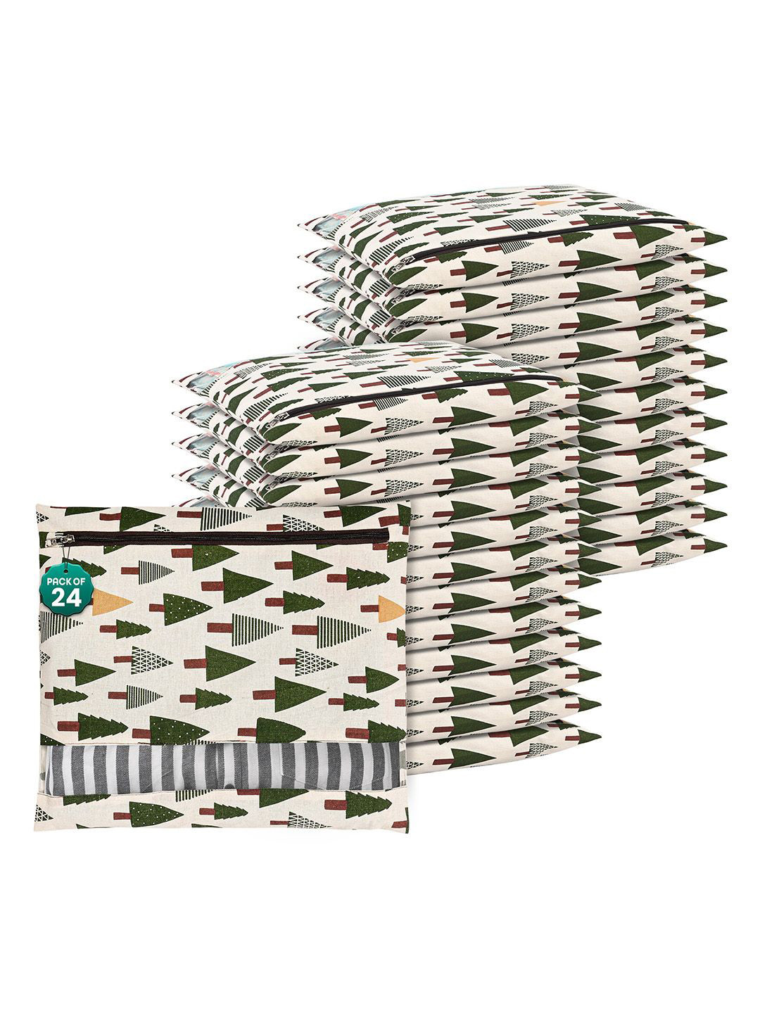 Kuber Industries Green and Off-White 24 Pieces Printed Cotton Drawer Organisers