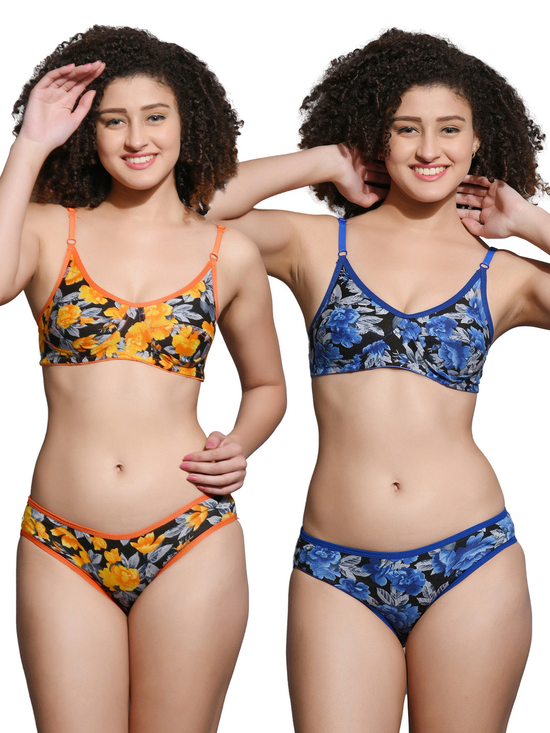 chia fashions Pack Of 2 Floral Printed Non Padded Lingerie Set - CHFS-333-ORG-BLU-30B