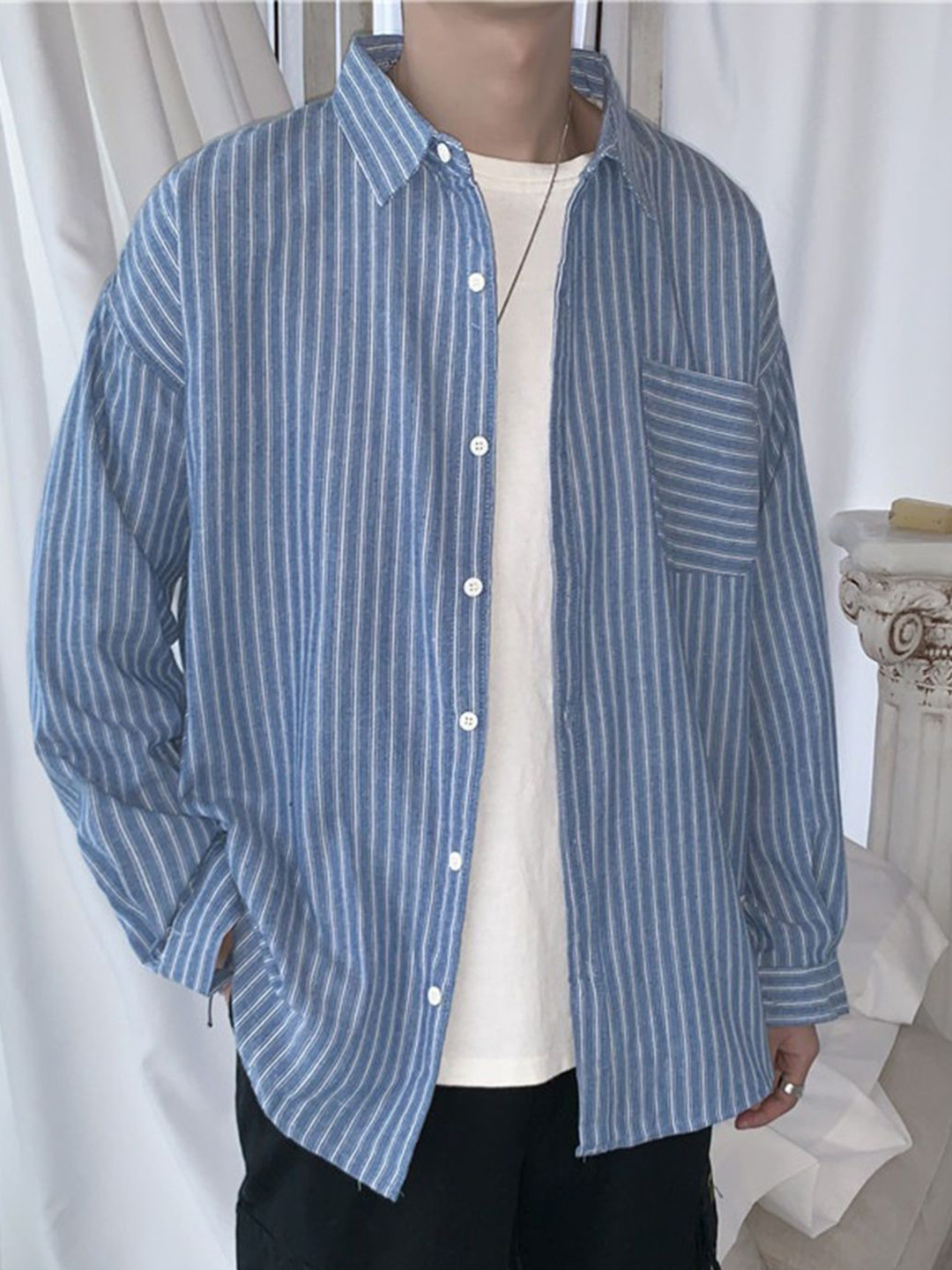 HERE&NOW Men Relaxed Fit Spread Collar Vertical Striped Cotton Casual Shirt