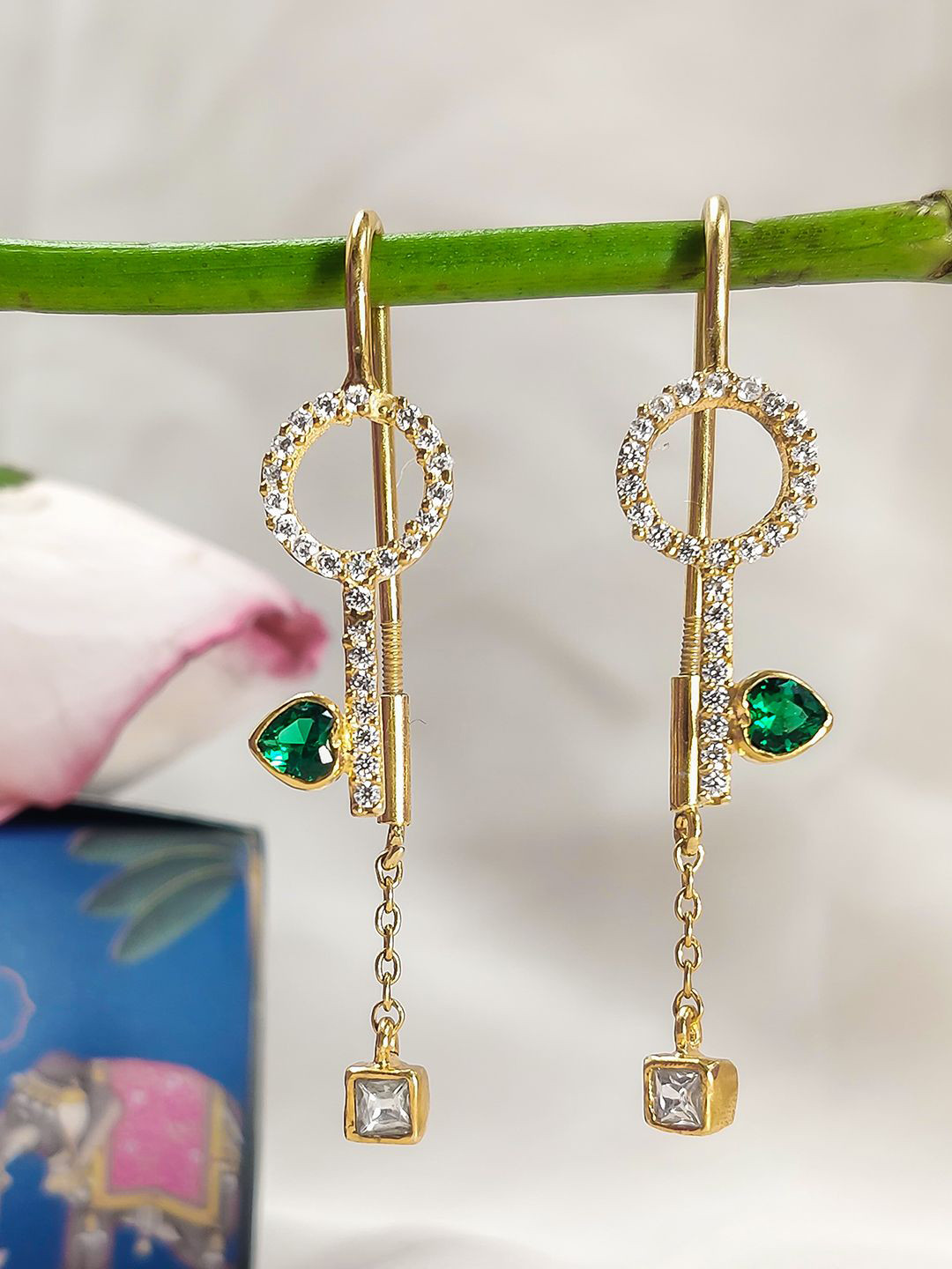 Unniyarcha 92.5 Silver Silver Gold-Toned Round Shaped Zirconia Stone Studded Drop Earrings