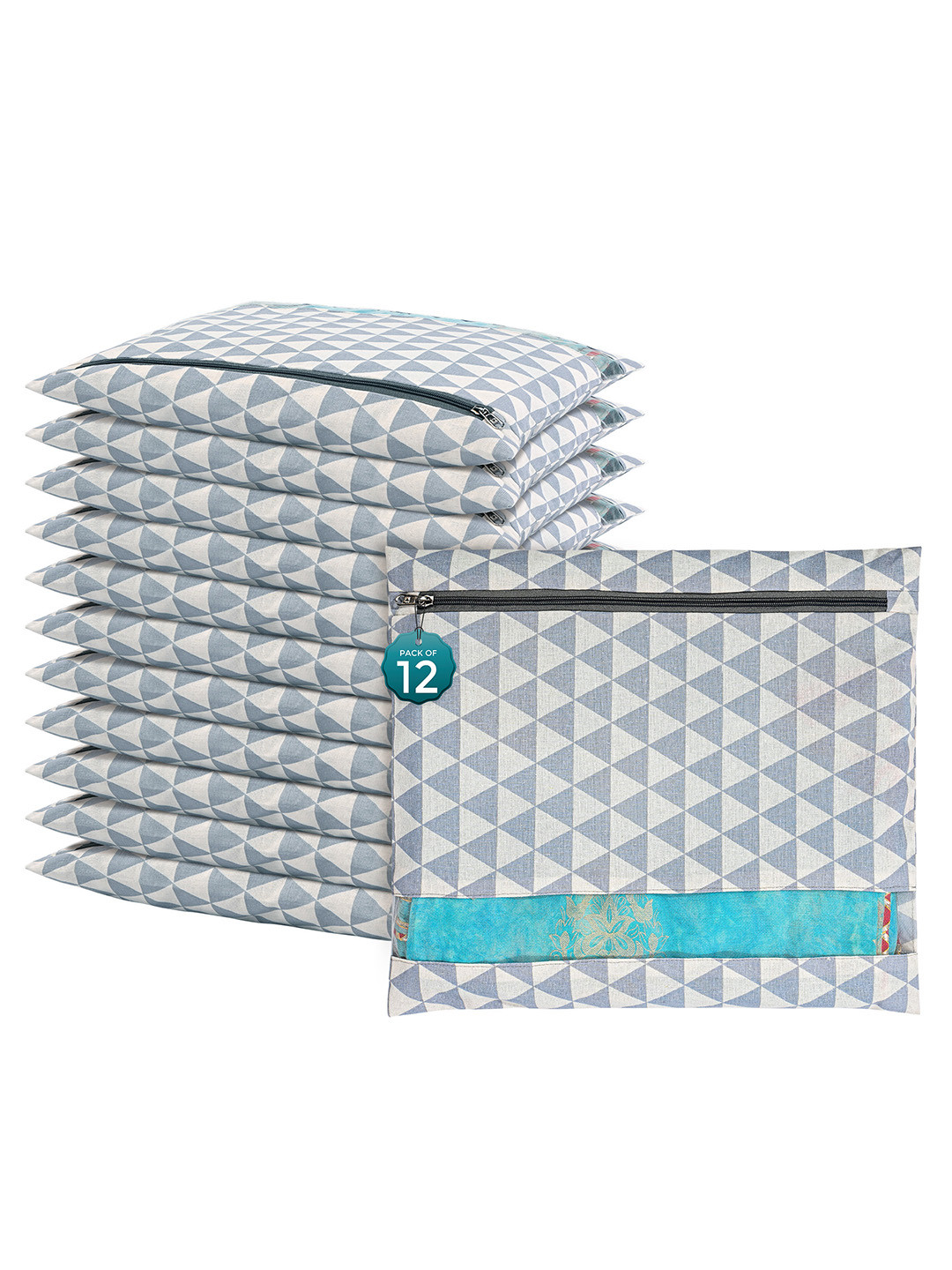 Kuber Industries Grey & White 12 Pieces Printed Mesh Cotton Saree Covers Organizers