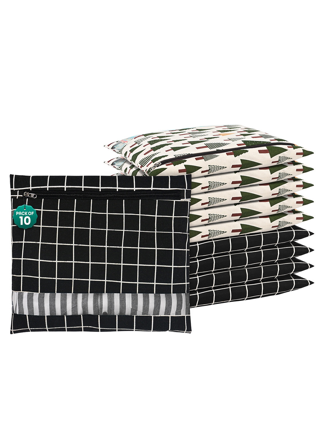 Kuber Industries Black & Green 10 Pieces Checked Mesh Cotton Clothes Storage Organisers
