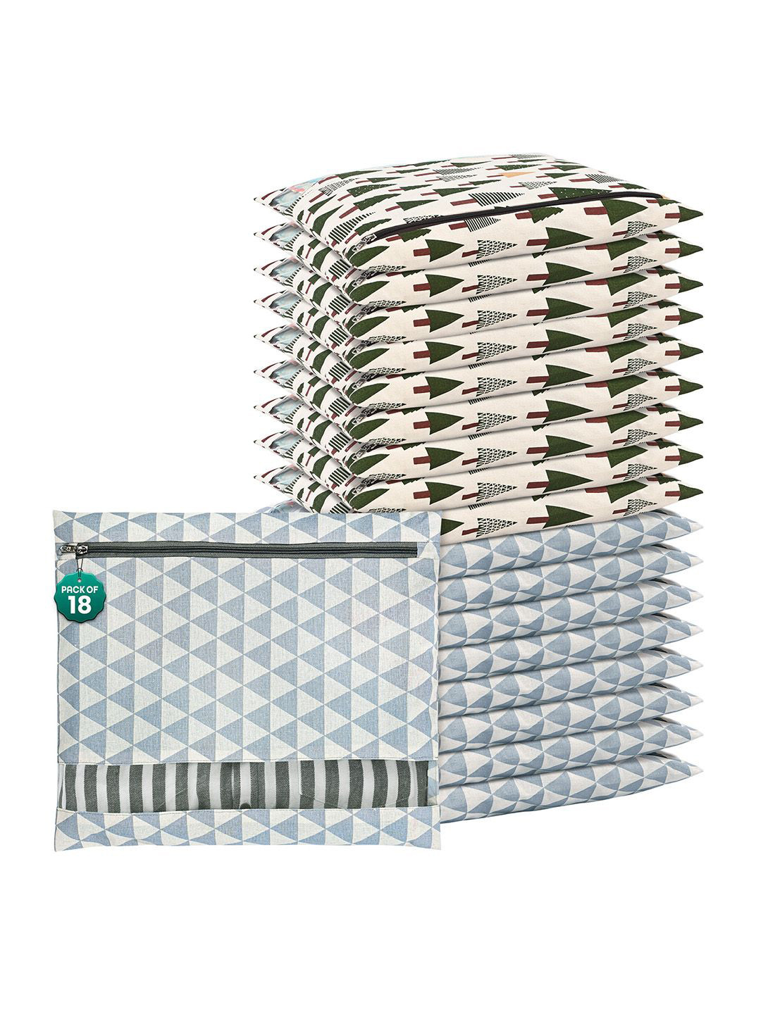 Kuber Industries Grey & Green 18 Pcs Cotton Hanging Storage Clothes Packing Bag Organisers