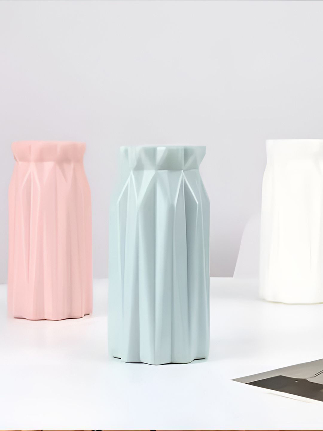 DecorTwist Sky Blue Plastic Flower Vases for Home Decor (Pack of 3