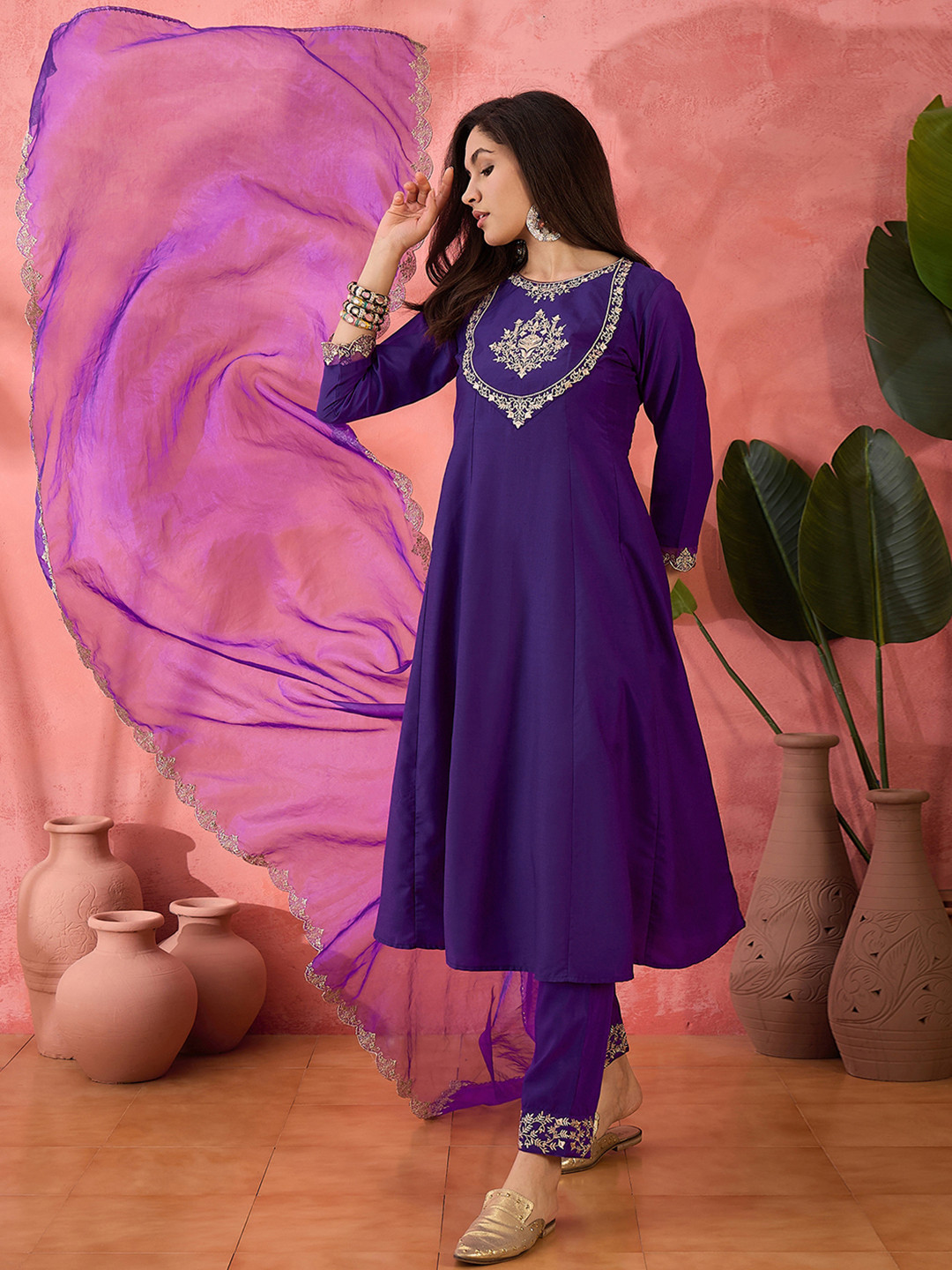 Sangria Purple Woven Design Yoke Design Kurta With Trouser And Dupatta et