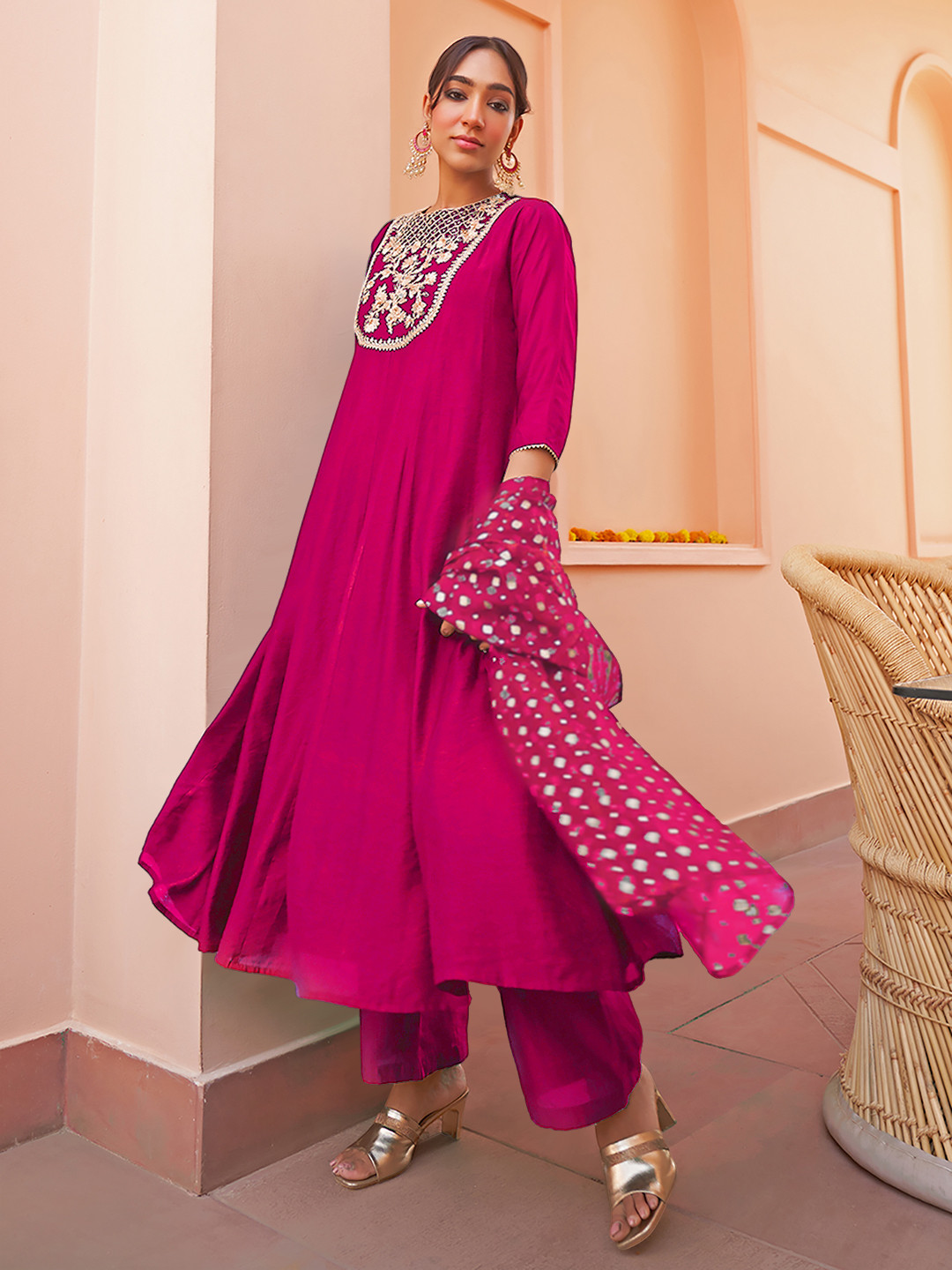 Janasya Women's Pink Chanderi Silk Yoke Embroidered Anarkali Kurta Set