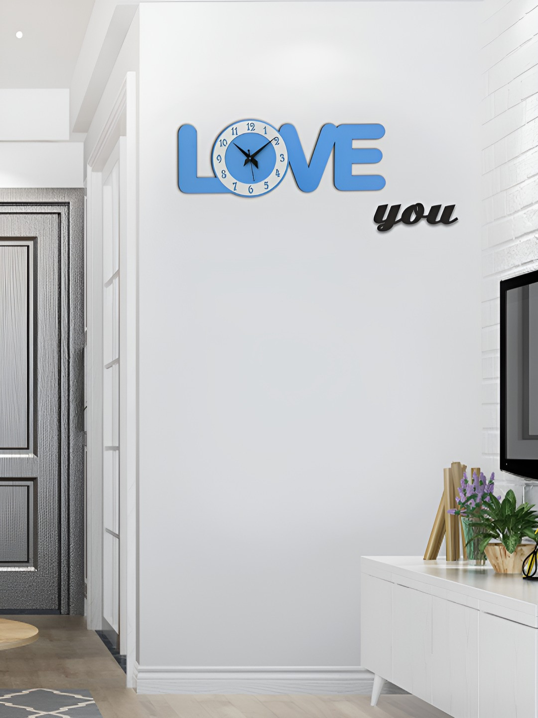 OLIVE TREE Blue And White Analogue Wooden Round Contemporary Silent Movement Wall Clock