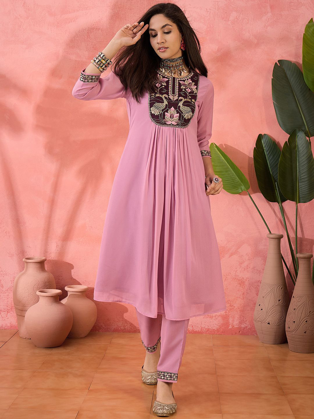 Sangria Pink Floral Embroidered Yoke Design A-Line Kurta With Pant