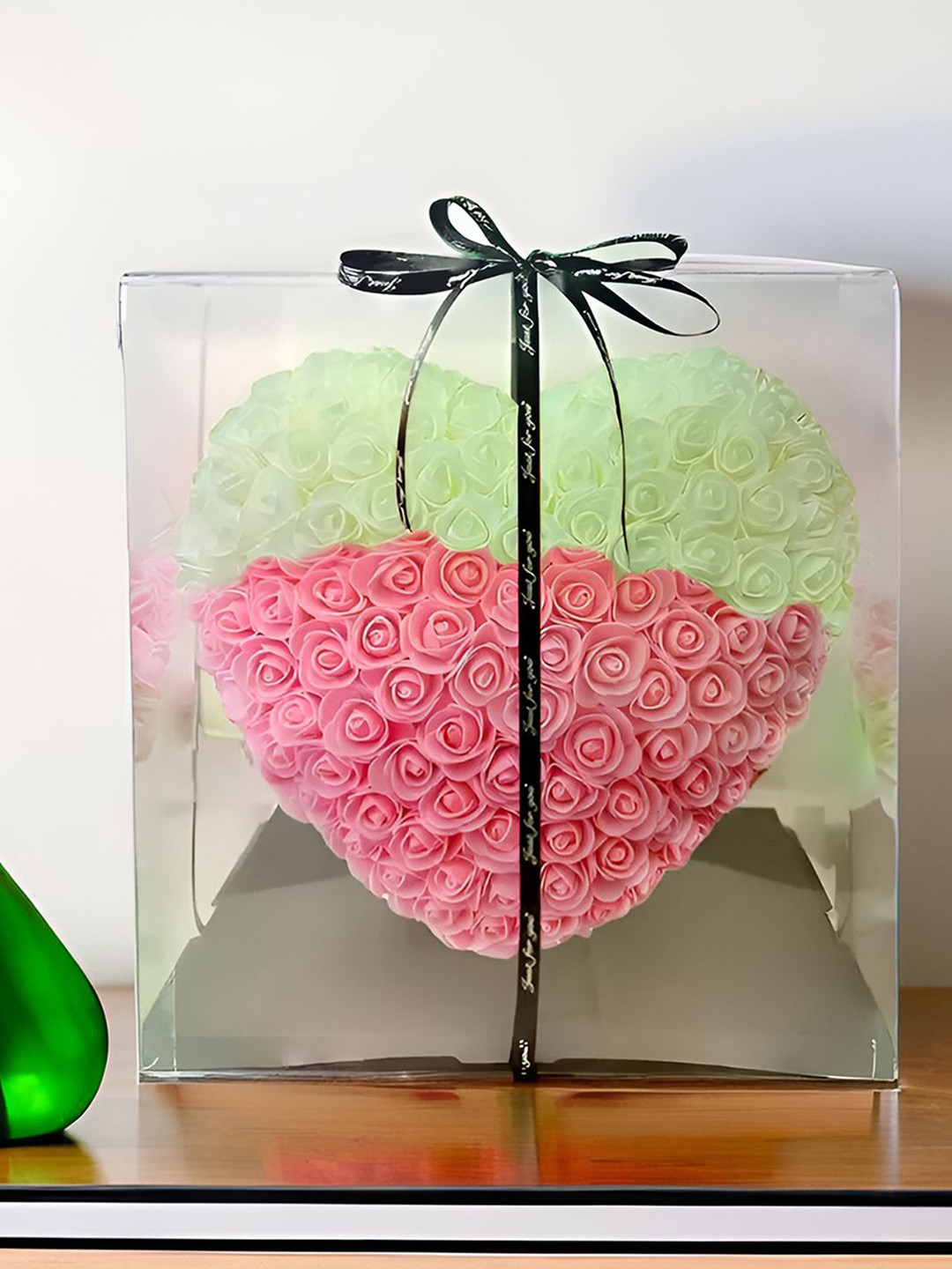 DecorTwist Pink & Green Heart-Shaped Rose Foam Flower Valentine's Day Gift Set