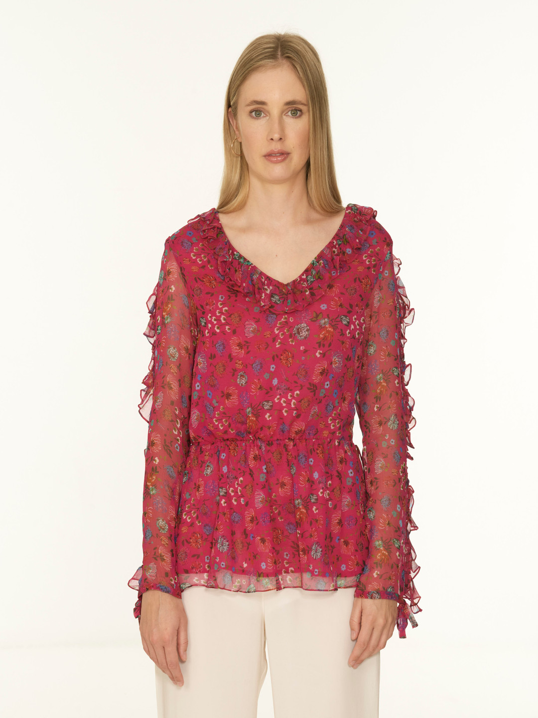 The Sancy Women Floral Printed Chiffon Cinched Waist Top