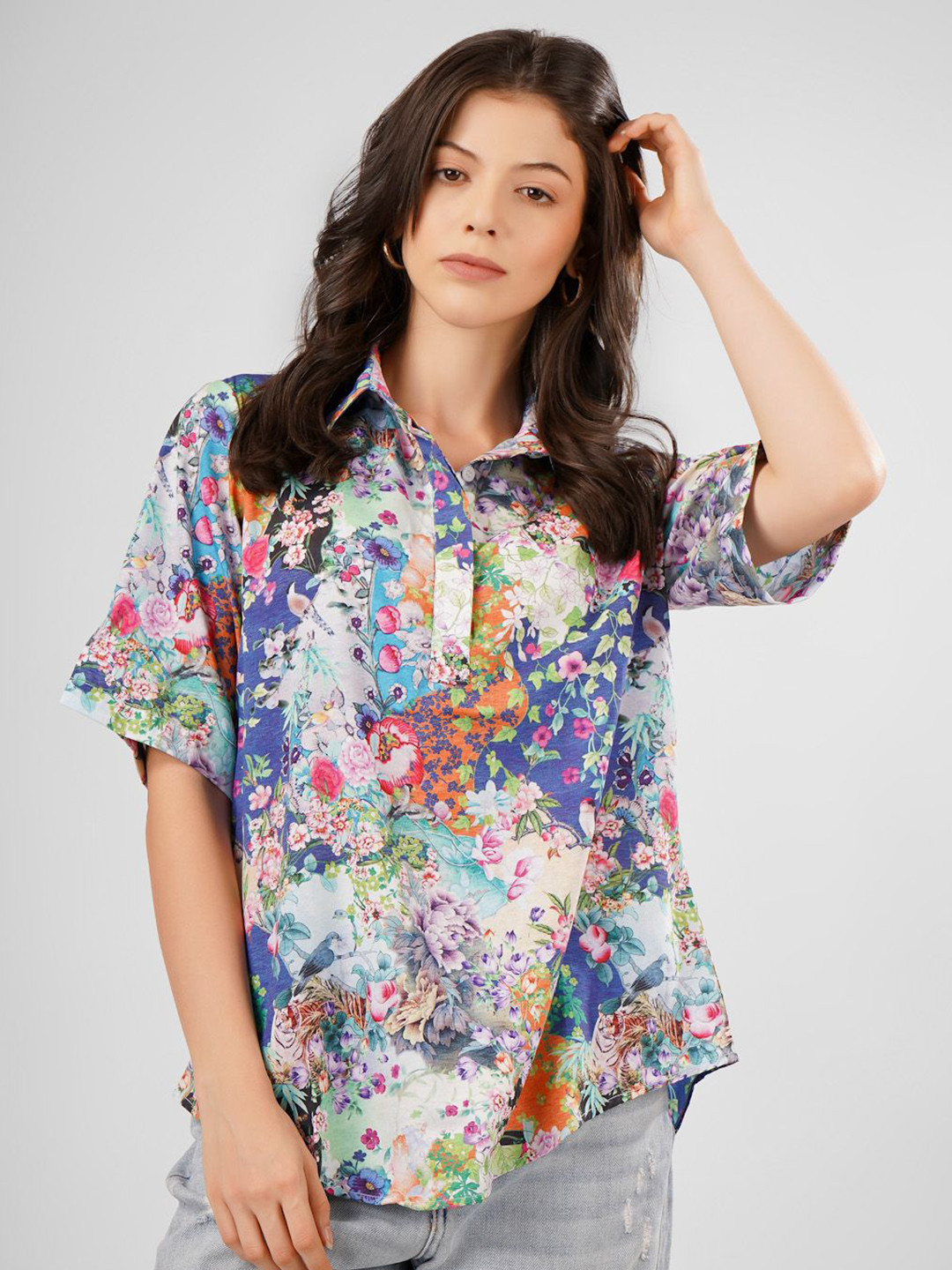 Sukshat Multi-Coloured Floral Printed Shirt with Collar & Half Sleeves