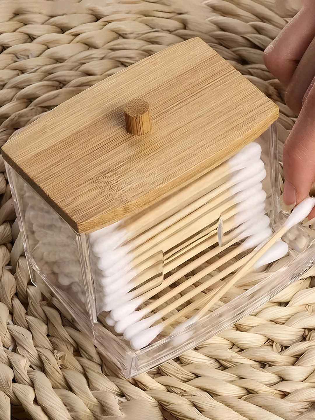 DecorTwist Transparent Cotton Buds Dispenser Bathroom Organizer With Bamboo Lid
