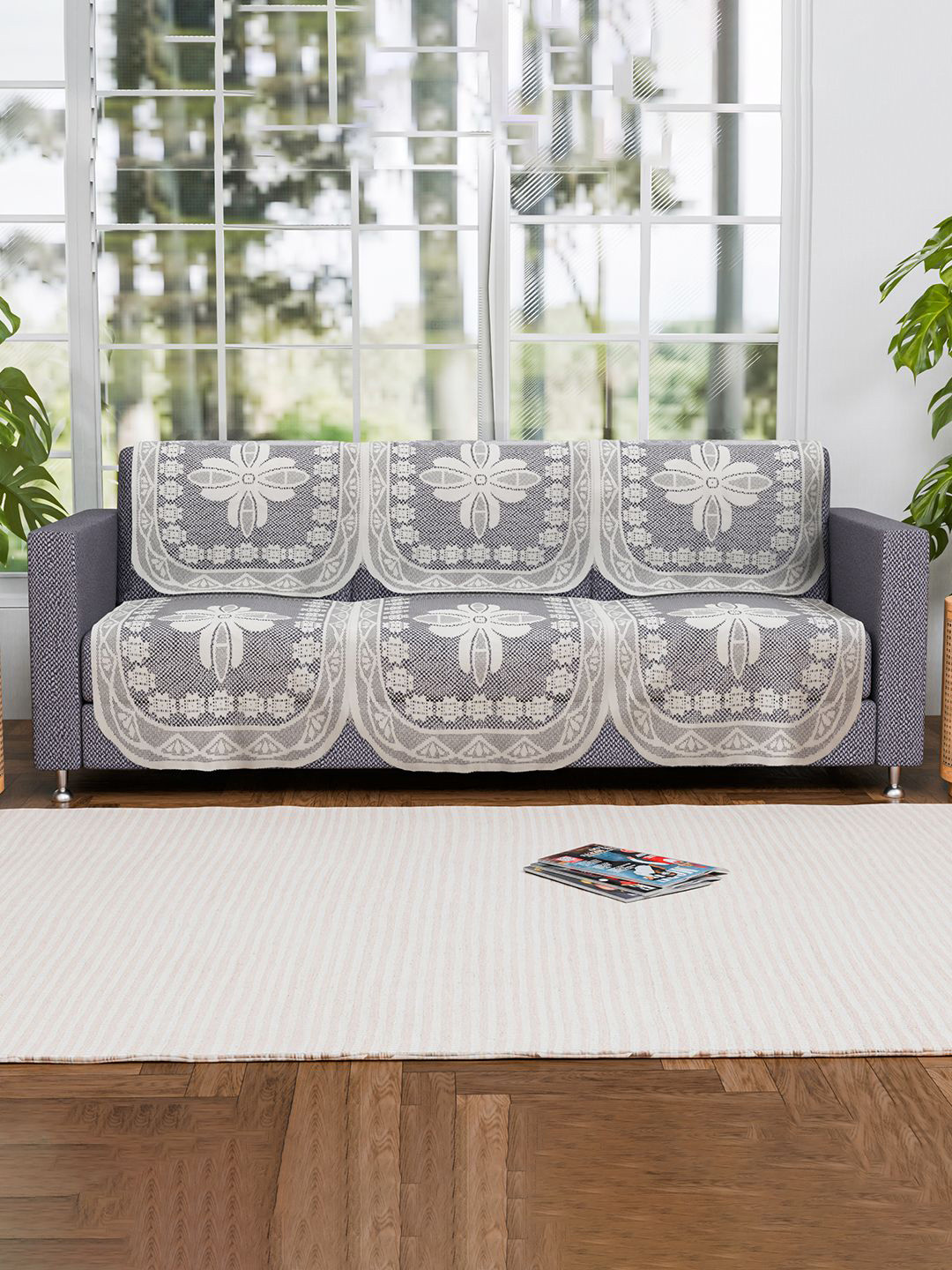 Kuber Industries Cream Colored & Grey 6 Pieces Self Design Cotton 3 Seater Sofa Covers