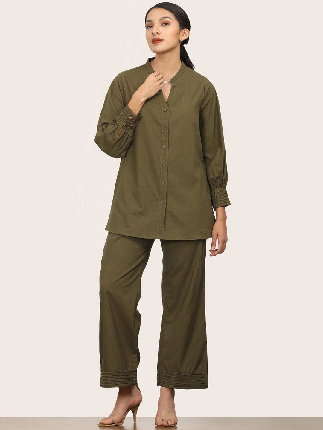 Saltpetre Women Olive Split V-neck Bishop Sleeve Tunic With Pants Co-Ord Set