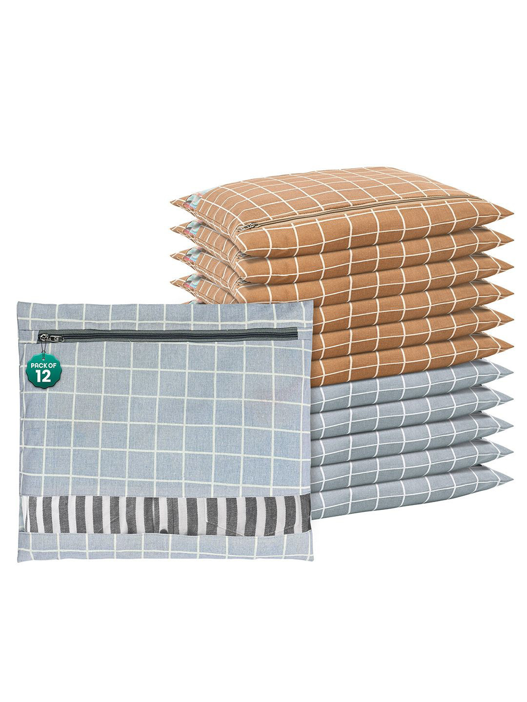 Kuber Industries Grey & Brown 12 Pieces Checked Cotton Regular Saree Organisers