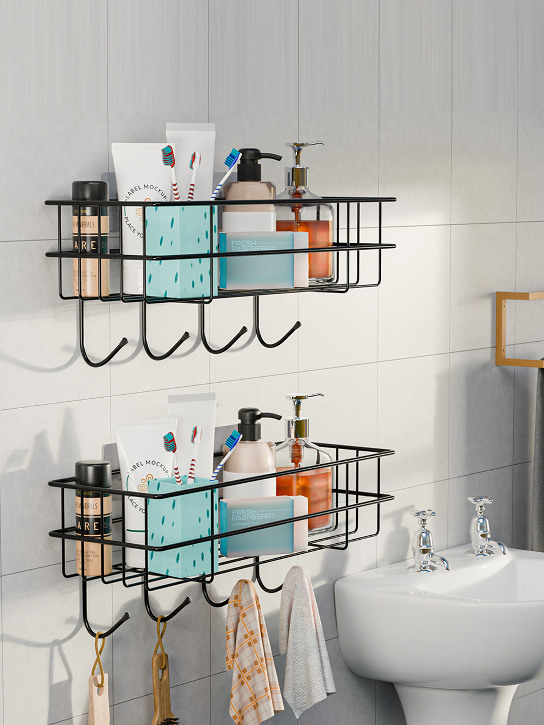 Kuber Industries Black 2 Pcs Metal Self Adhesive Bathroom Organisers & Screws & 4 Hooks