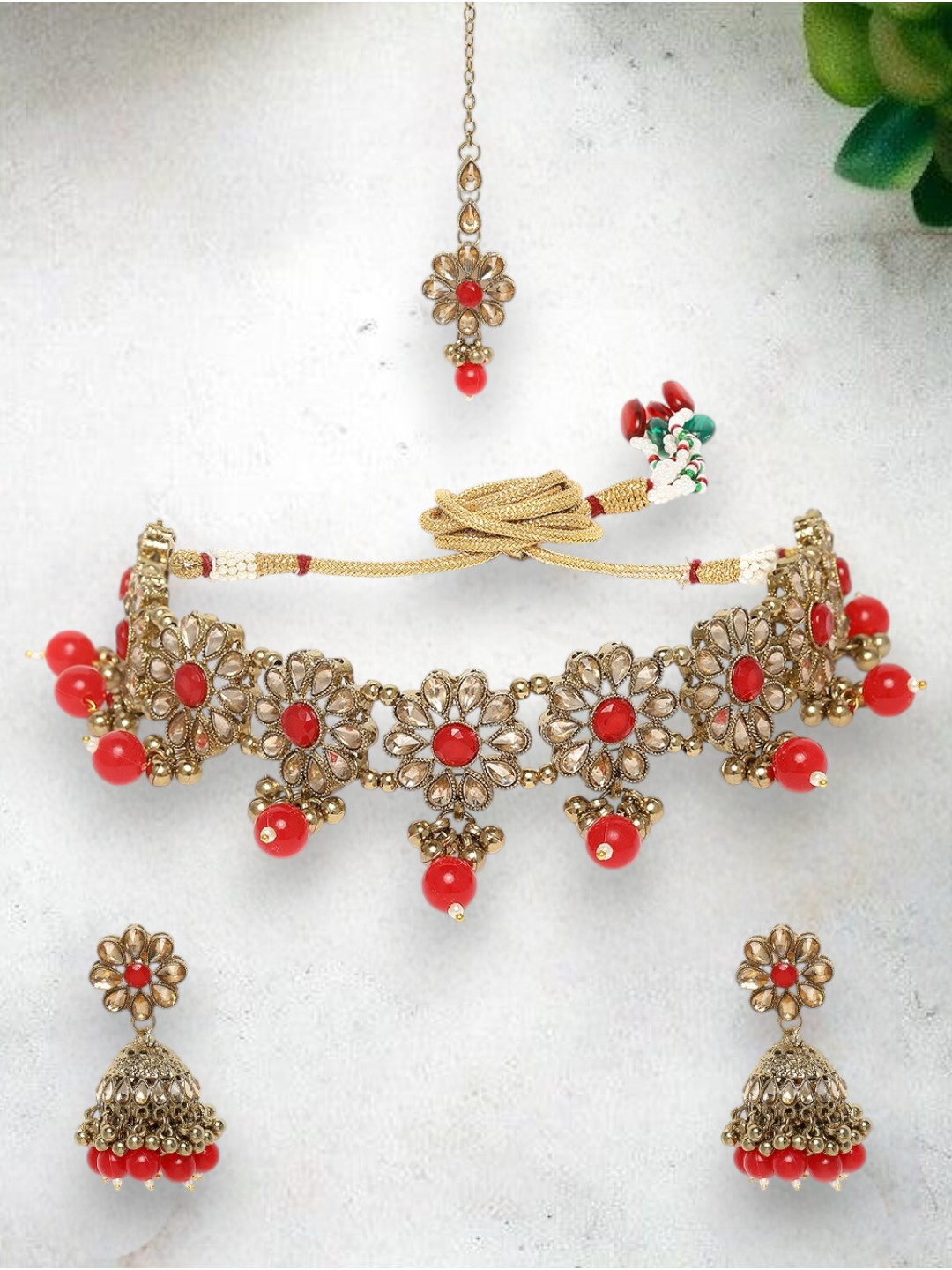 Anouk Gold-Plated And Red American Diamond Studded Necklace And Earrings With Maang Tikka