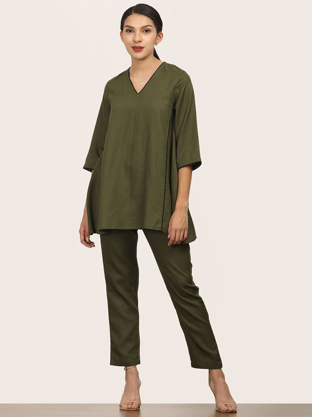 Saltpetre Women Olive V-Neck Tunic With Trousers Co-Ords Set