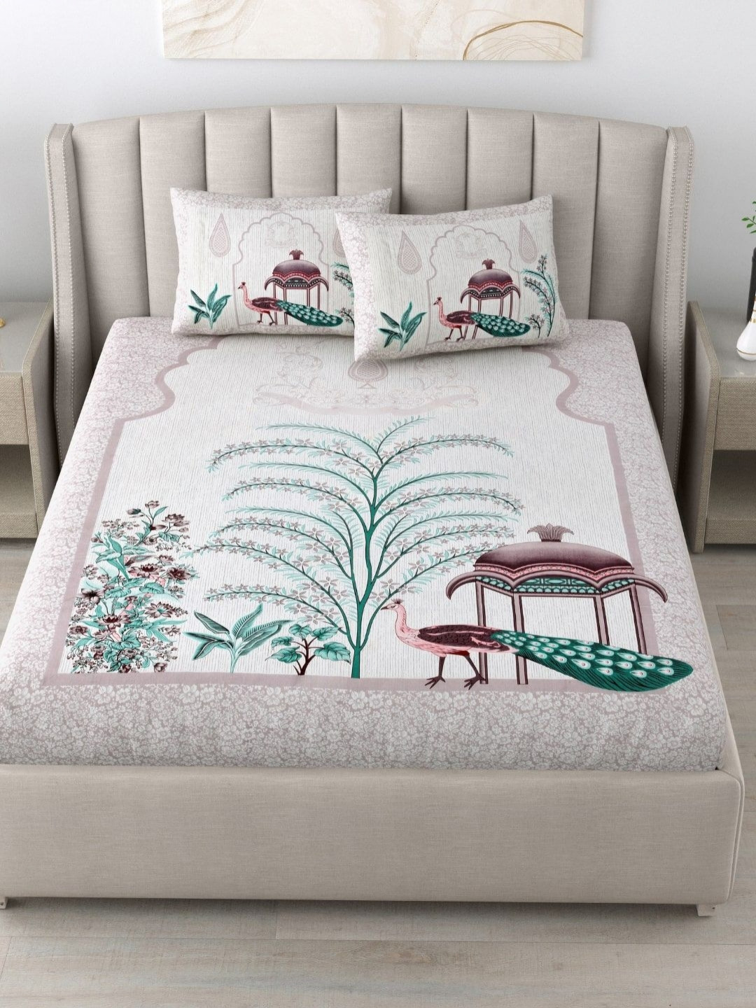 JAIPUR FABRIC White & Purple Floral 180 TC King Bedsheet with 2 Pillow Covers