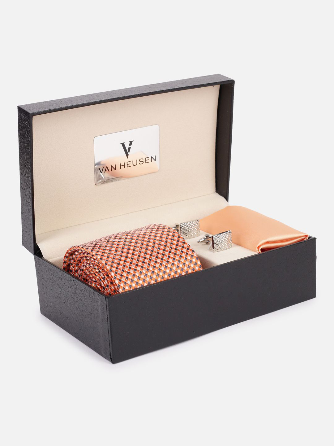 Van Heusen Men Peach Tie Pocket Square And Cufflink Comes with a box