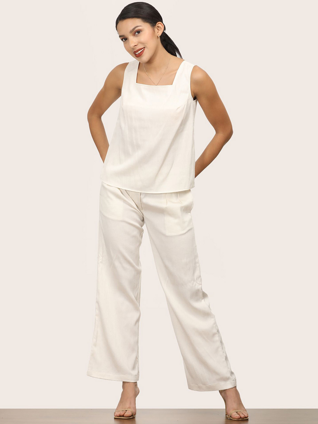 Saltpetre Women Cream Square Neck Top With Pant Co-Ords Set
