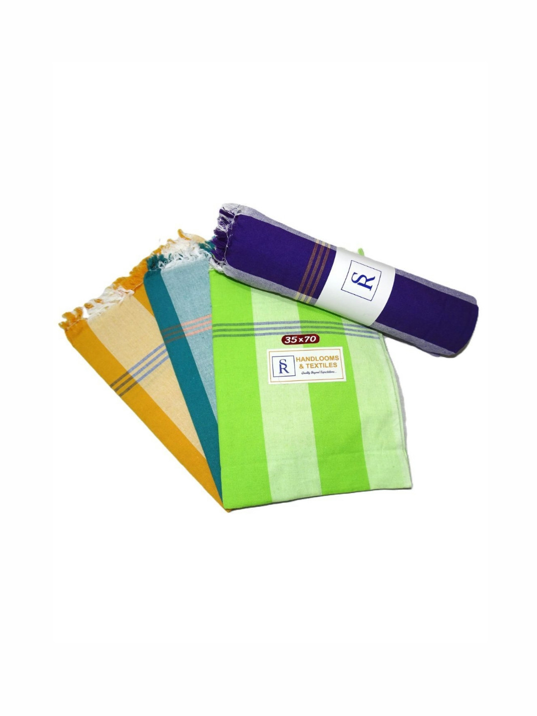 SR HANDLOOMS AND TEXTILES Green & Navy Blue 4 Piece Striped Cotton 250 GSM Towel Set