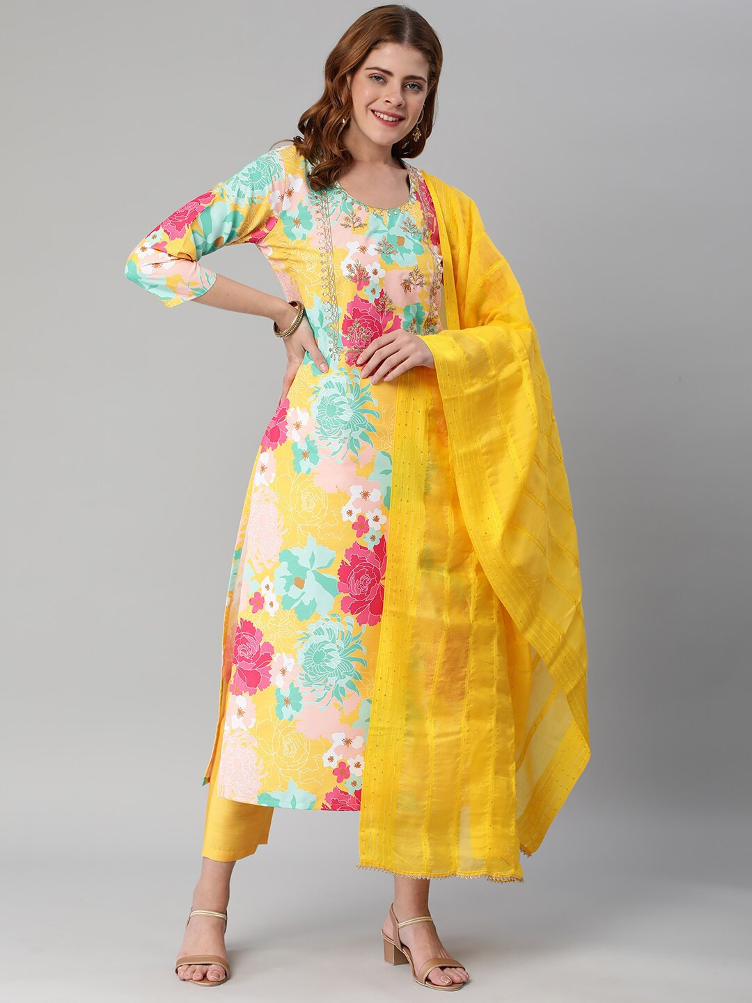 DIVASTRI Litup Floral Printed Thread Work Straight Kurta With Trousers & Dupatta