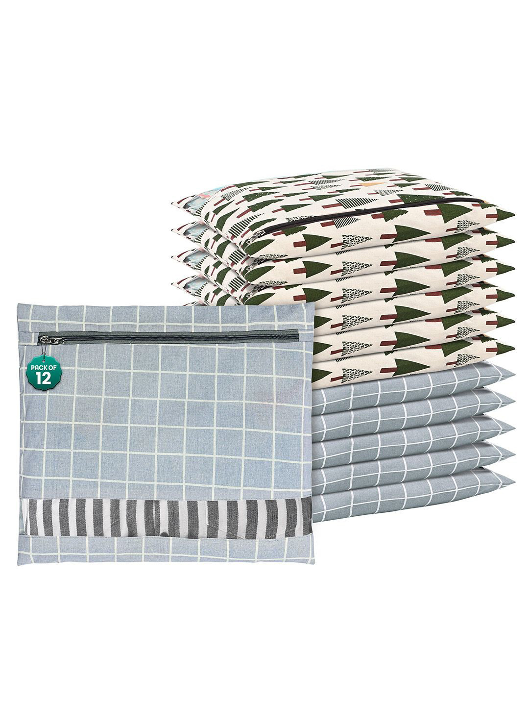 Kuber Industries Grey & Green 12 Pcs Cotton Hanging Storage Clothes Packing Bag Organisers