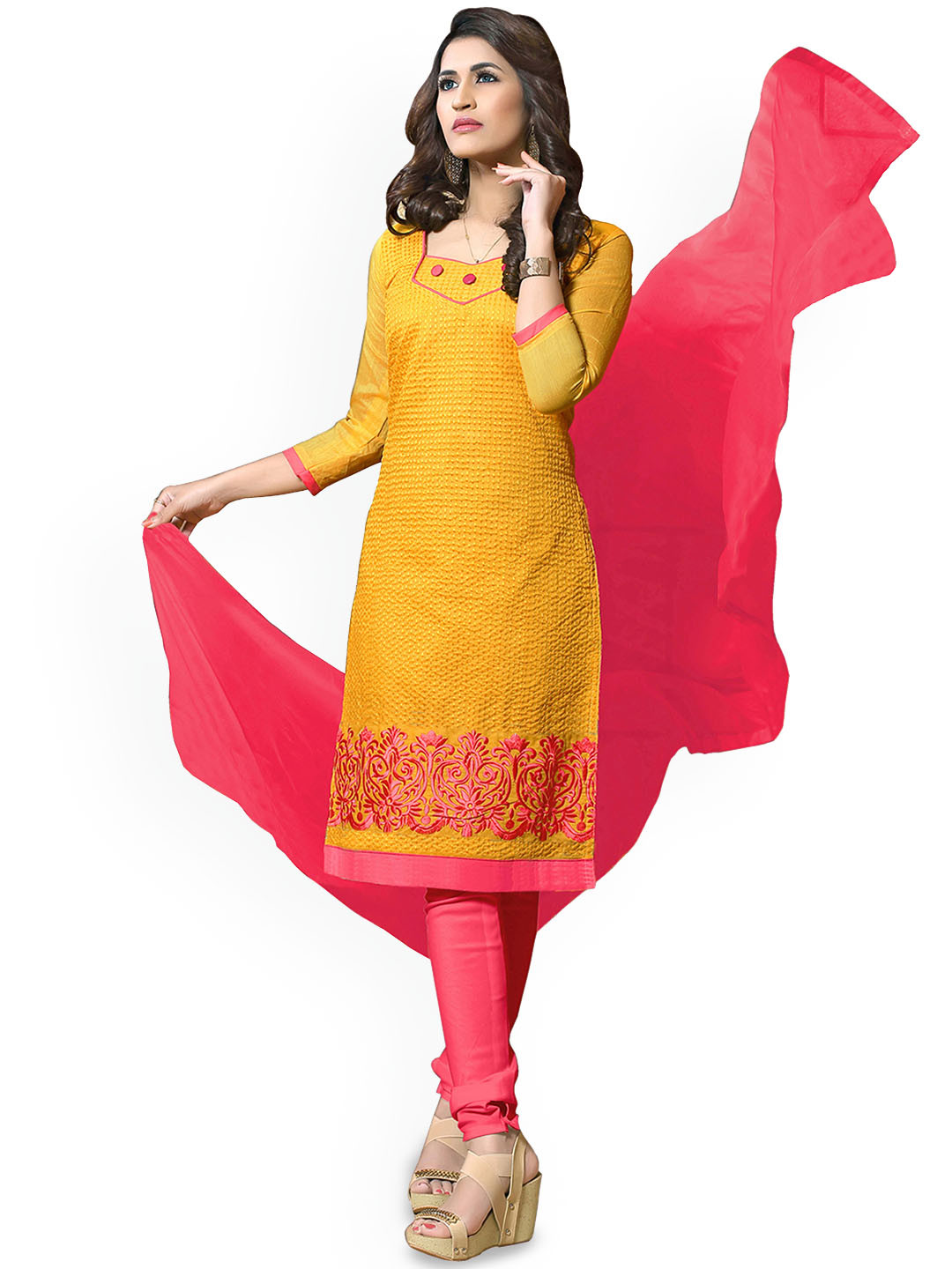 HERE&NOW Floral Embroidered Thead Work Modal Cotton Unstitched Dress Material