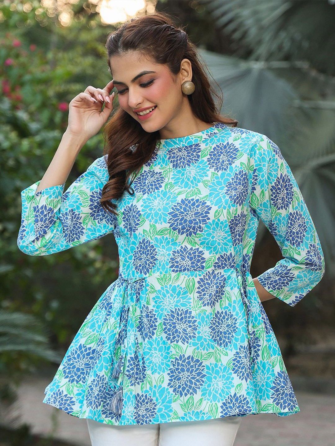 Janasya Women White & Blue Pure Cotton Floral Printed Fit & Flare Top