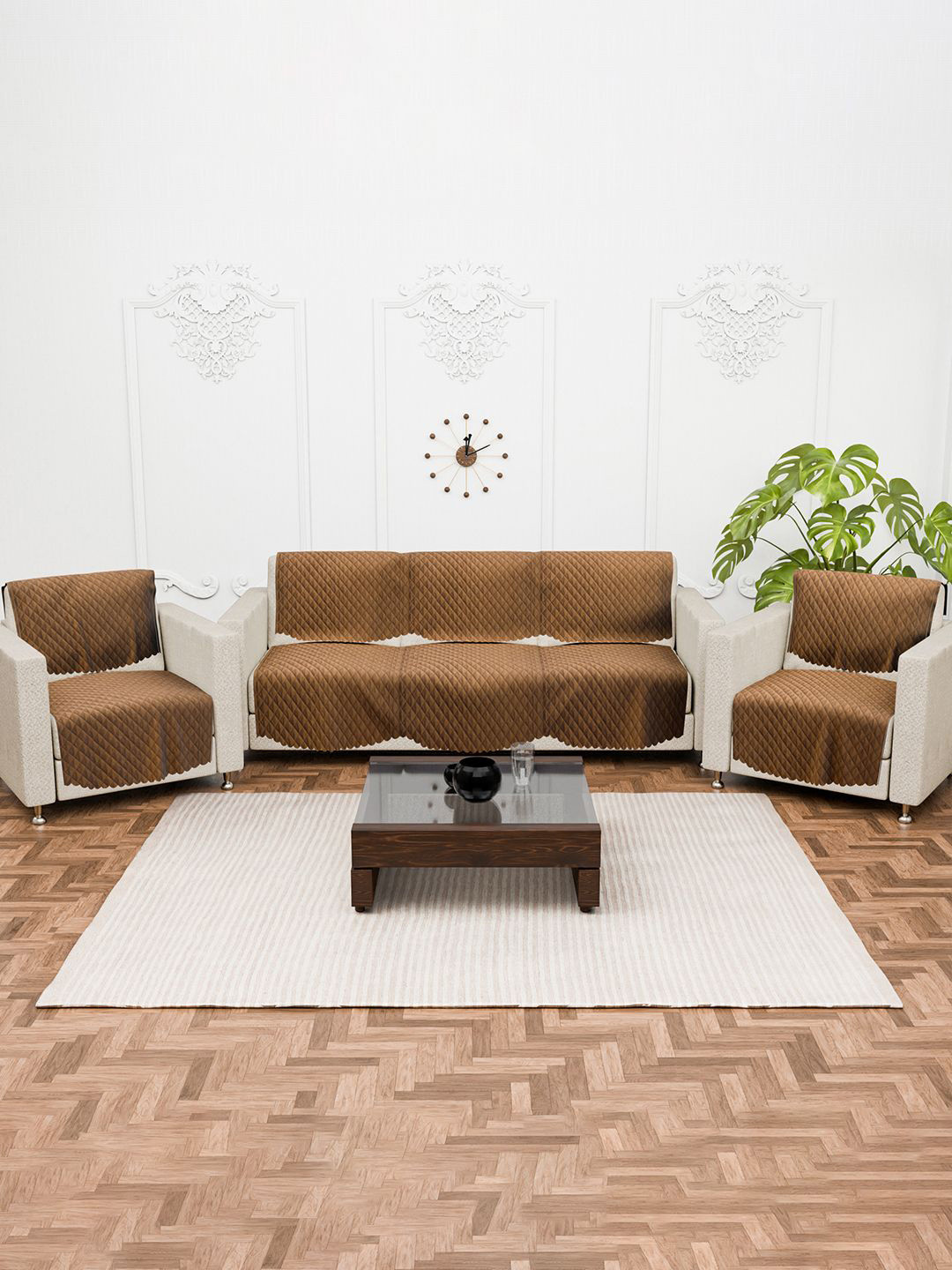 Kuber Industries Brown Set of 10 Self Design Velvet Five Seater Sofa Covers