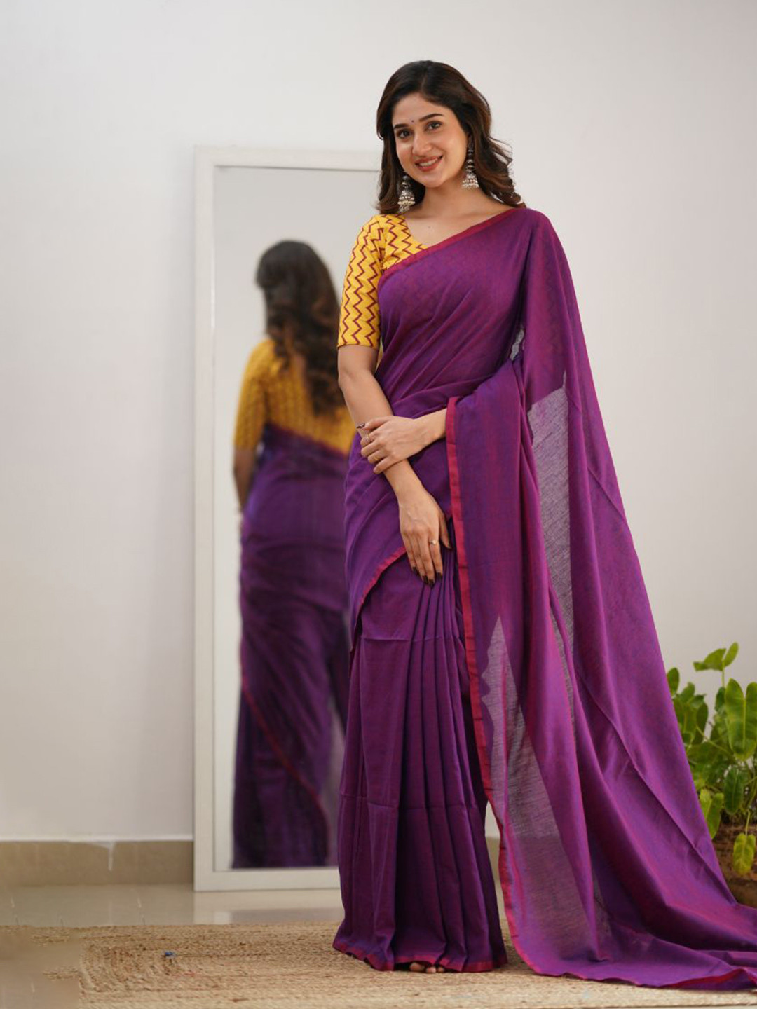 Sutisancha Dual Purple Handloom Cotton Saree With Designer Blouse