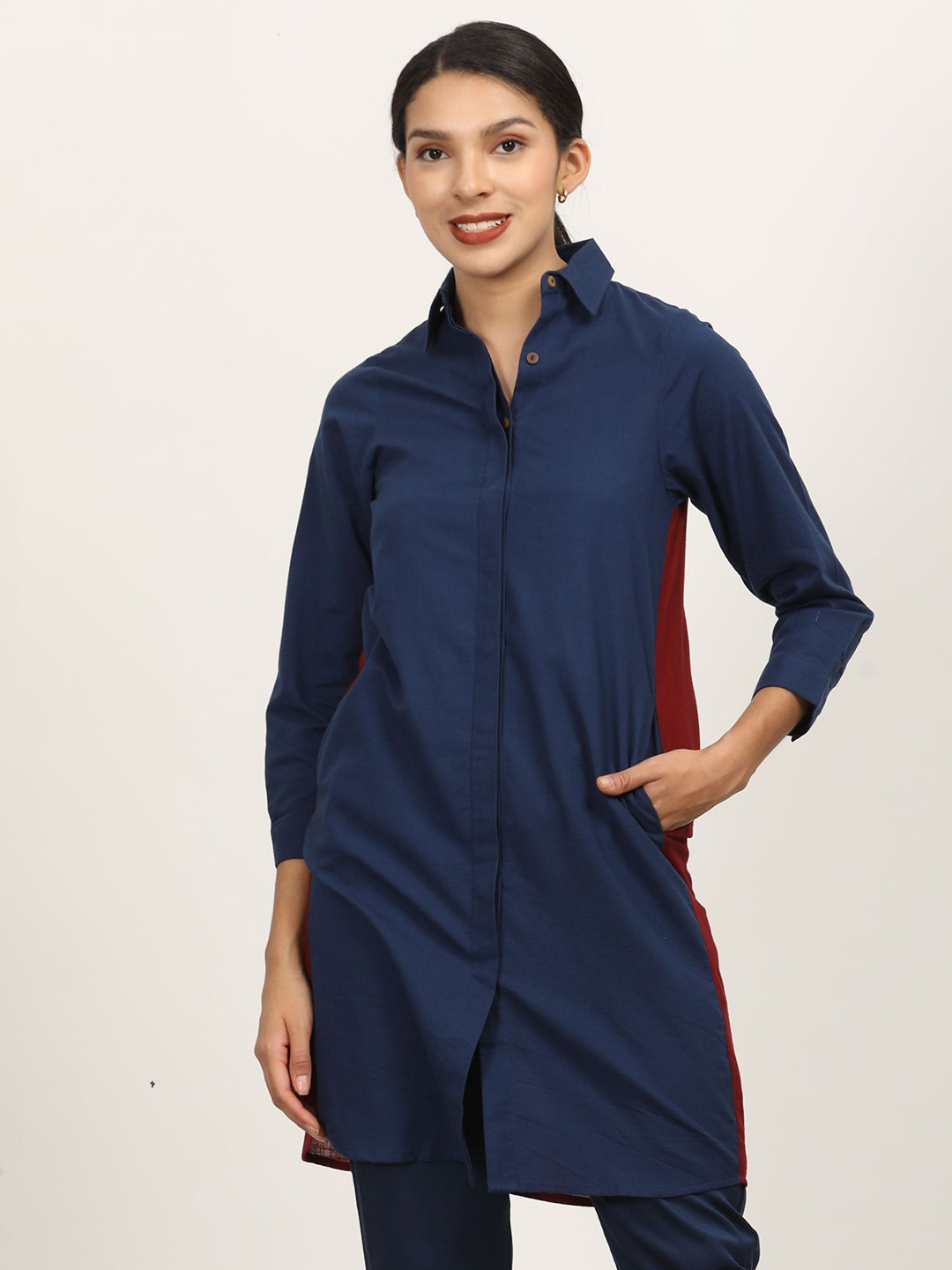 Saltpetre Women Navy Small Collar Long Sleeve Dress