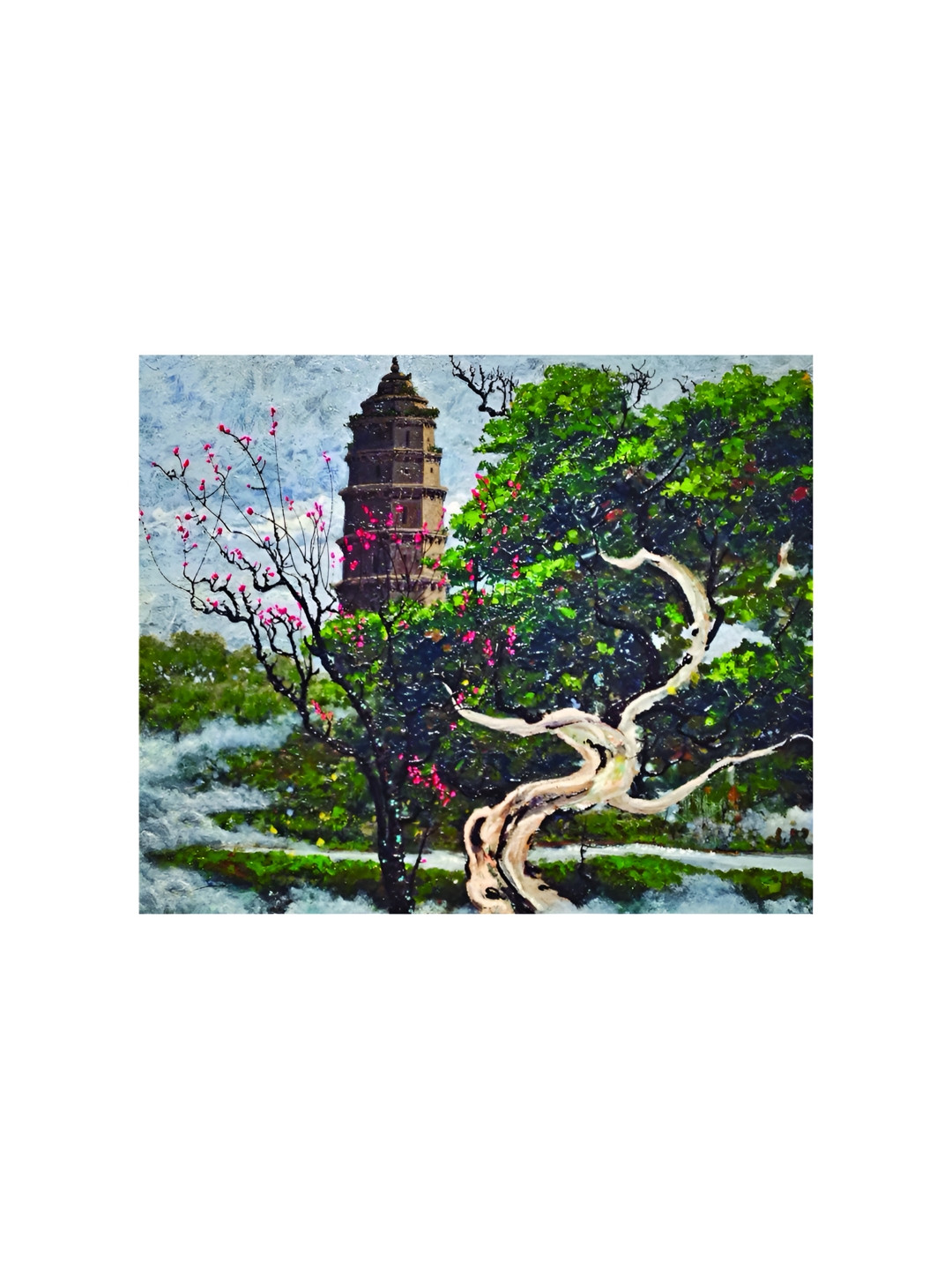 Inephos Green & White Floral and Botanical Lone Tower Canvas Wall Art