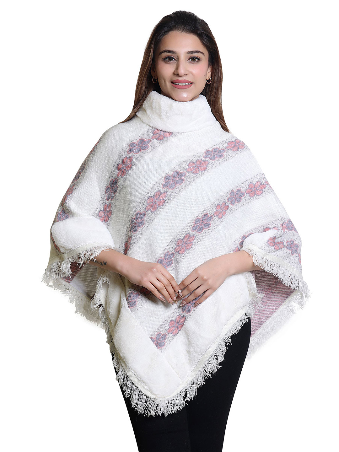 DISCOVERYLINE Women Turtle Neck Floral Colourblocked Poncho