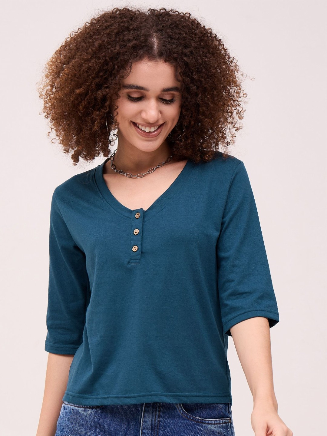 DressBerry Women Henley Neck Raw Edge T-shirt
