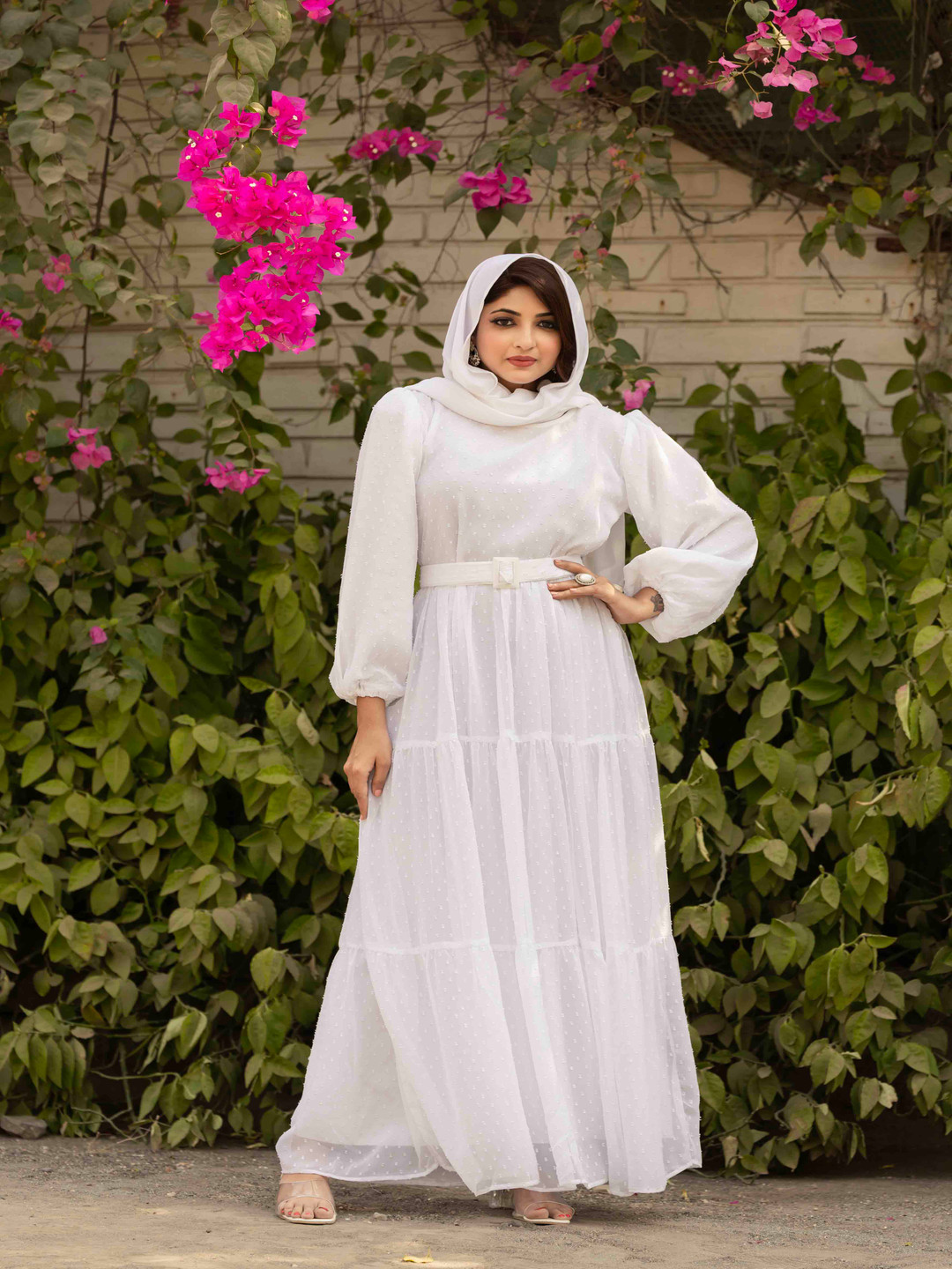 SARINKU Georgette Puff Sleeves Tiered Fit & Flare Maxi Dress