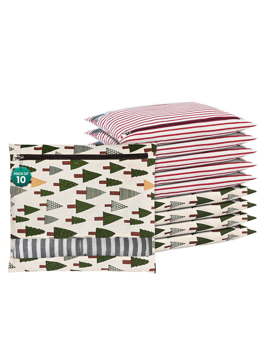 Kuber Industries Green and Off-White 10 Pieces Printed Cotton Drawer Organisers