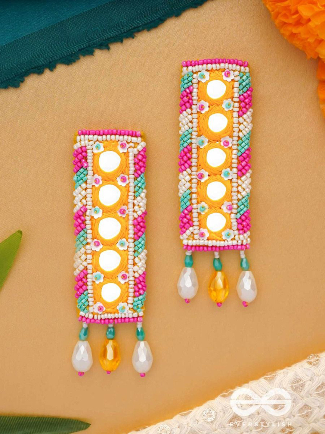 EVERSTYLISH Sanjoya Glass Beads & Mirror Lace Embroidered Earrings