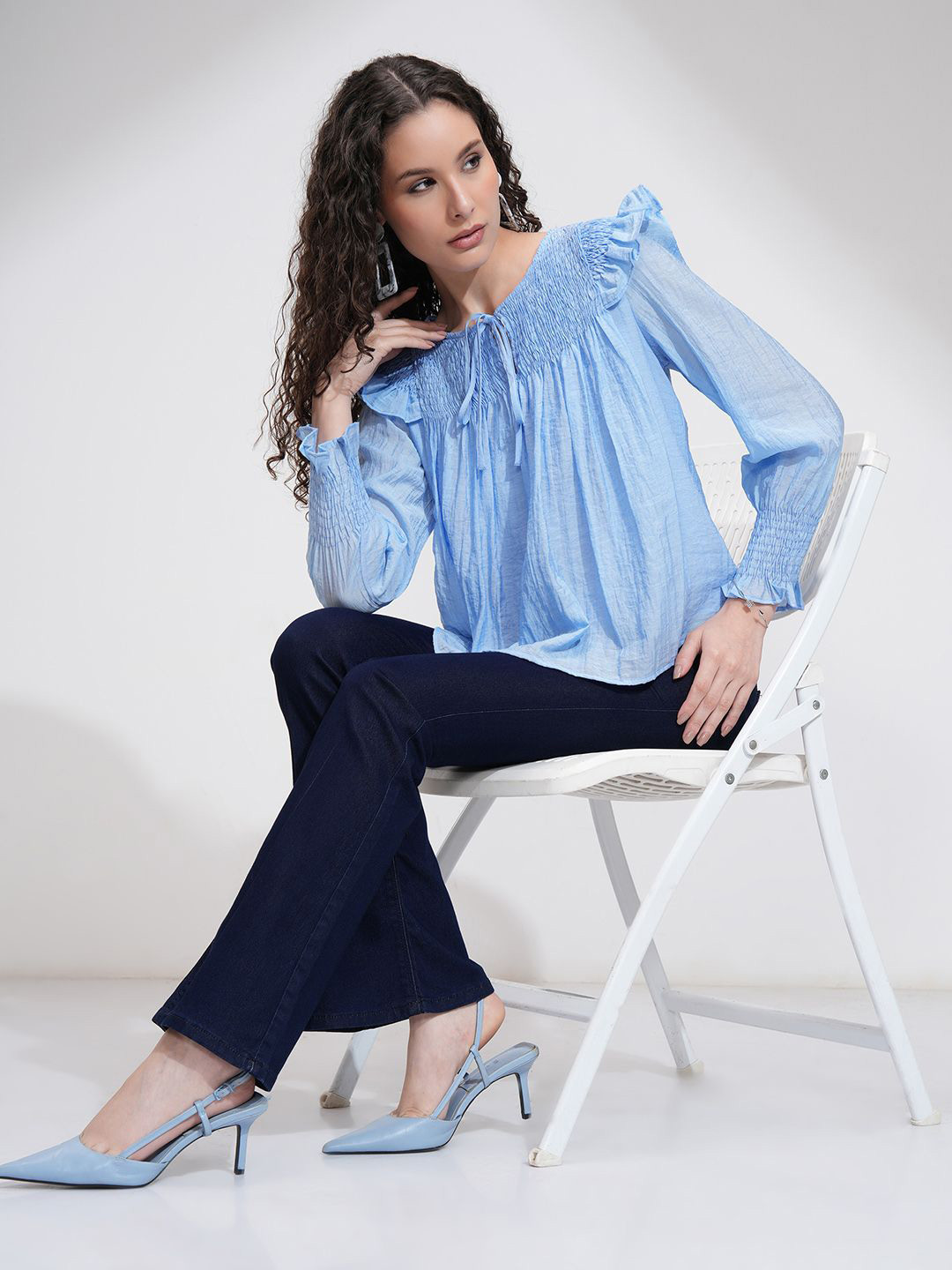 Tokyo Talkies Women Solid Full Sleeve Tie Up Ruffled Top