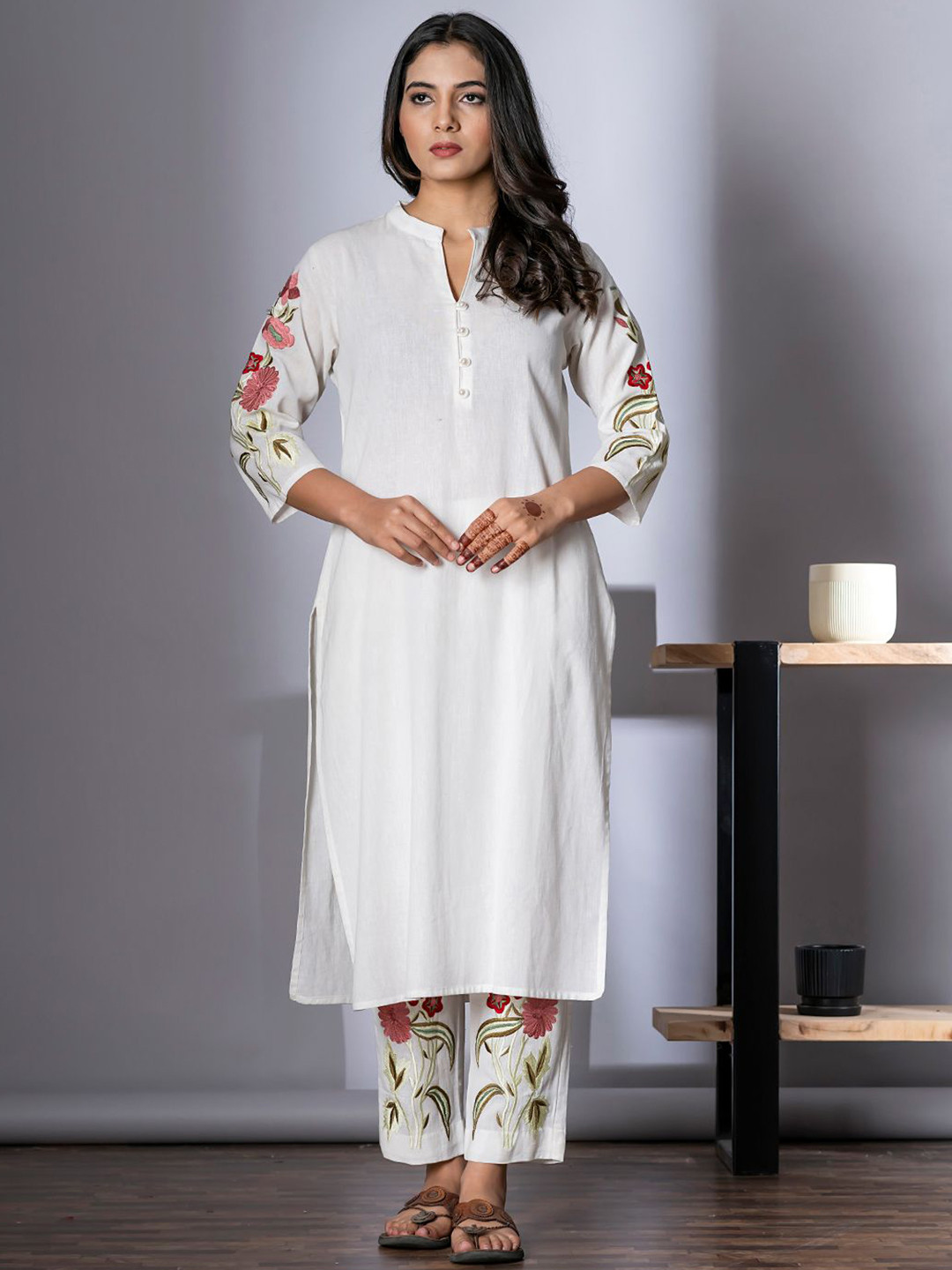 Readiprint Floral Embroidered Mandarin Collar Straight Kurta With Trouser