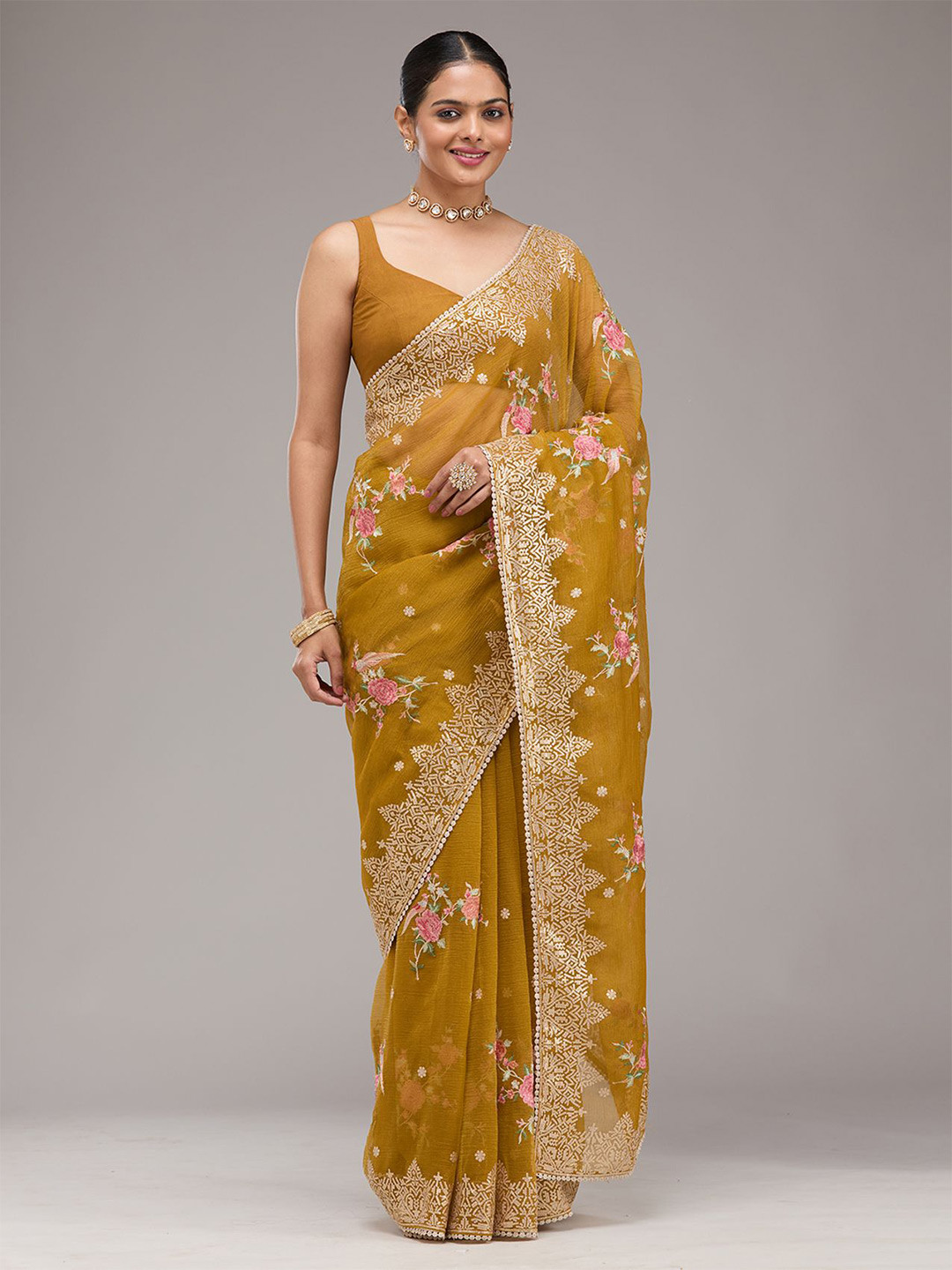 Koskii Mustard Embellished Tissue Saree