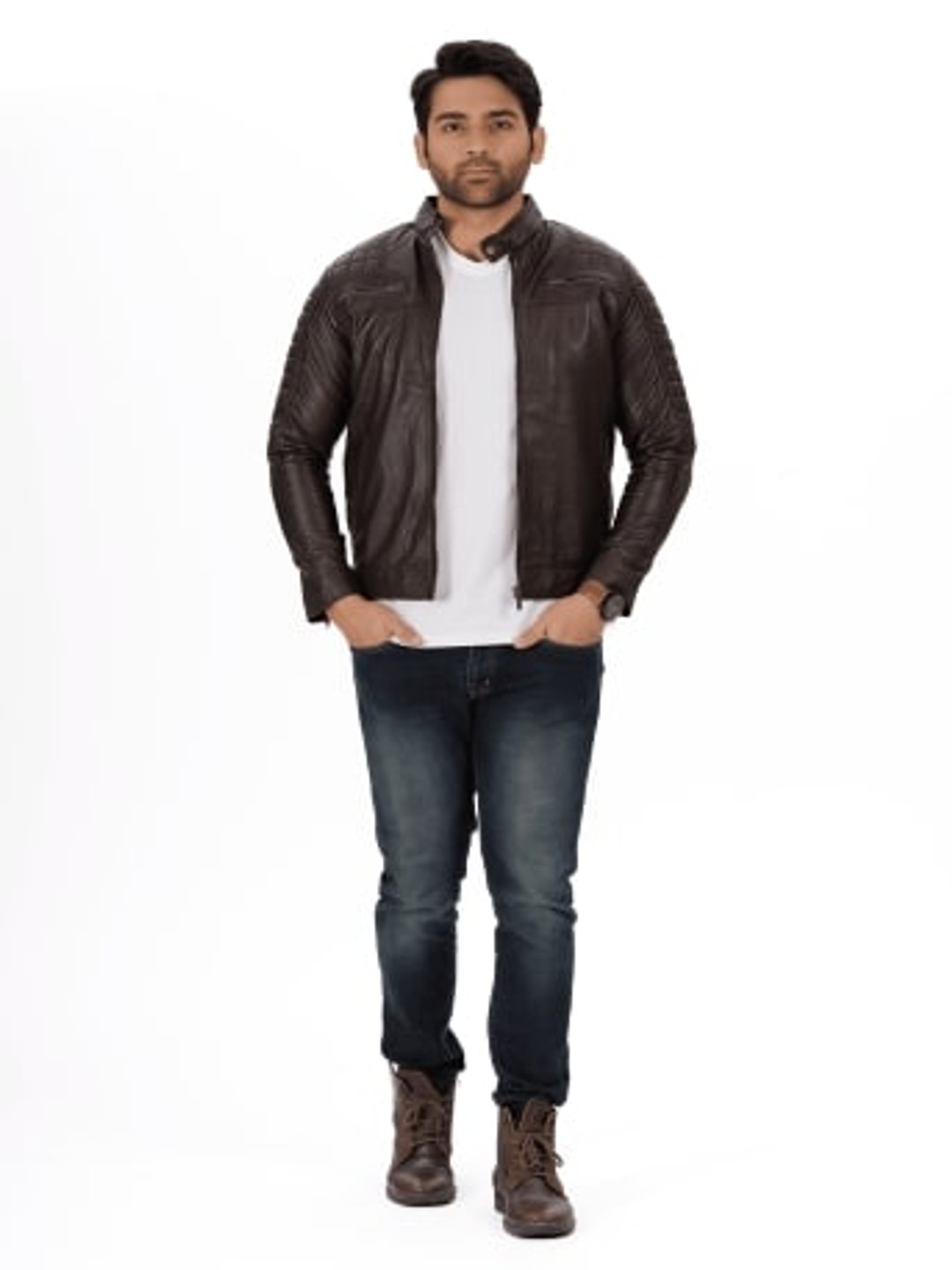 Everestwolf Men Checked Leather Leather Jacket