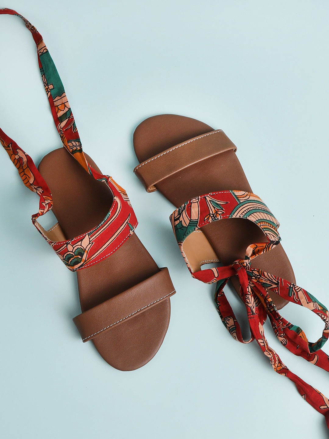 Saagah Women Leather Kalamkari Printed Tie Up Open Toe Flats